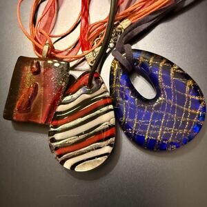 Set of Three Colorful Artisan Handcrafted Glass Pendants
